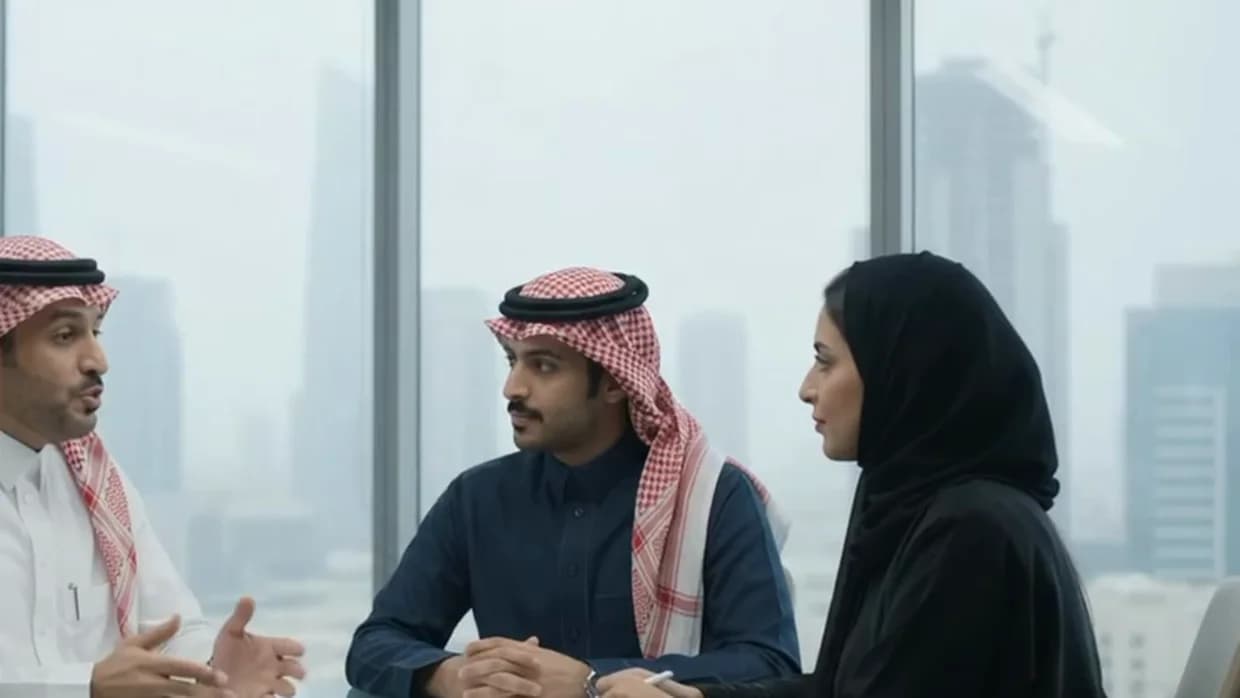 Three colleagues listening as one of them explains a point