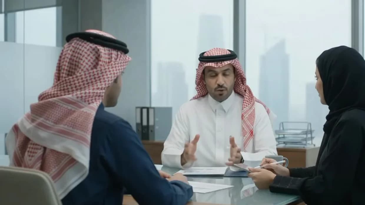 Three colleagues in a meeting room with papers on the table and a city skyline behind them